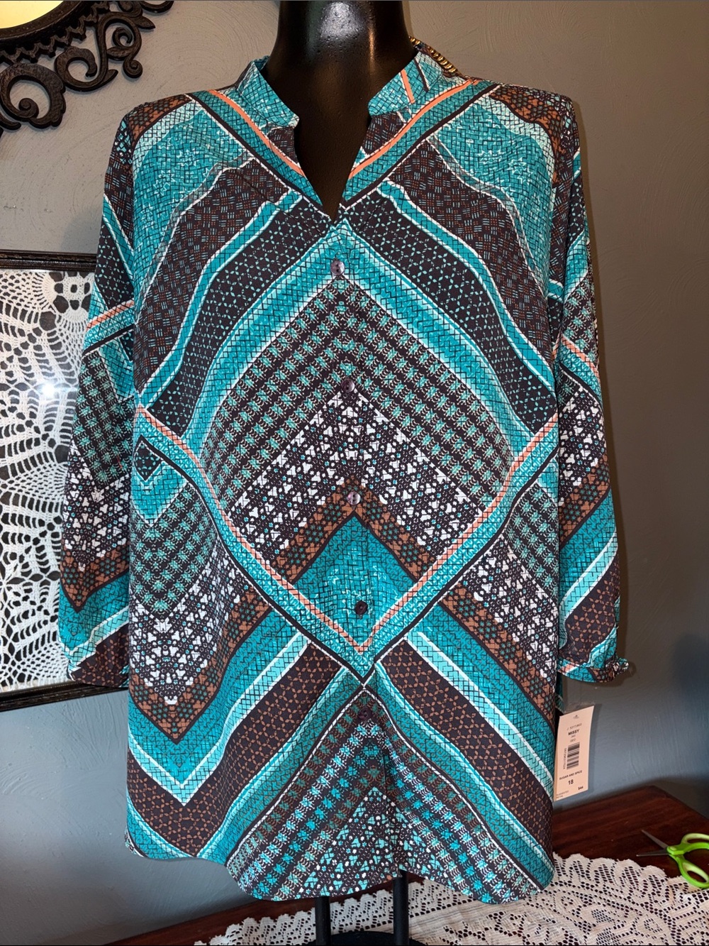 Alia Teal and Black Geometric V-Neck Blouse